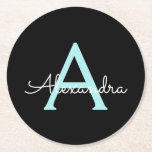Dessous-de-verre Rond En Papier Aqua Teal Blue Script Girly Monogram<br><div class="desc">Noir et aqua Turquoise Bleu Simple Script Monogramme Nom Dessous de verre en papier. Cela fait le cadeau parfait de remise de diplômes,  anniversaire,  mariage,  douche nuptiale,  anniversaire,  baby shower ou bachelorette pour quelqu'un qui aime le luxe glam et les styles chic.</div>