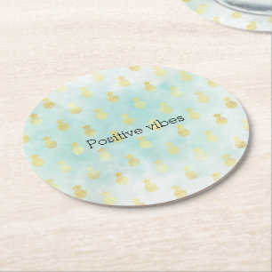 Dessous-de-verre Rond En Papier Aqua White Gold Tropical Glam Pineapples