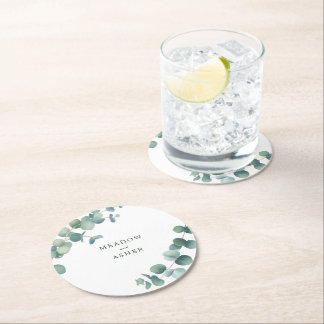 Dessous-de-verre Rond En Papier Aquarelle Adélaïde Eucalyptus Mariage