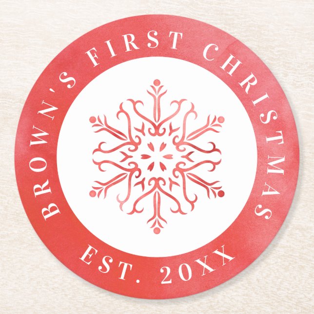 Dessous-de-verre Rond En Papier Aquarelle artistique Flocon de neige Noël rouge (Devant)