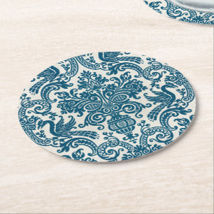 Dessous-de-verre Rond En Papier Aquarelle bleu & blanc Floral Vintage Motif