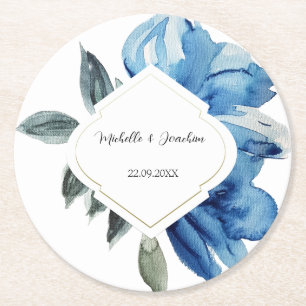 Dessous-de-verre Rond En Papier Aquarelle bleu d'Indigo moderne Abstrait Floral