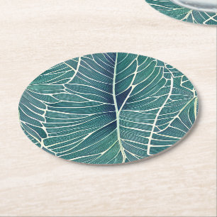 Dessous-de-verre Rond En Papier Aquarelle Bleu Vert Turquoise Tropical Feuille Mot