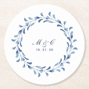Dessous-de-verre Rond En Papier Aquarelle bleue Floral Nom personnalisé Dessous de