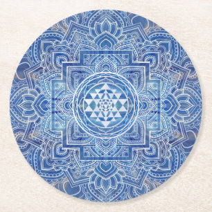 Dessous-de-verre Rond En Papier Aquarelle bleue Sri Yantra/Sri Chakra