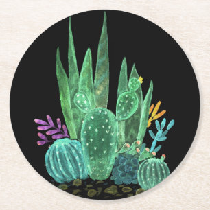 Dessous-de-verre Rond En Papier Aquarelle, cactus, fleurs grand horloge