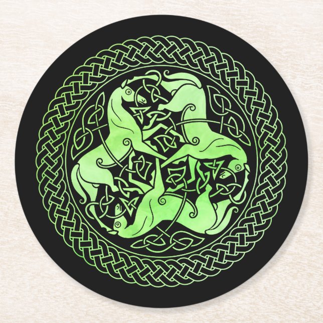 Dessous-de-verre Rond En Papier Aquarelle Cercle de noeud celtique vert avec cheva (Devant)