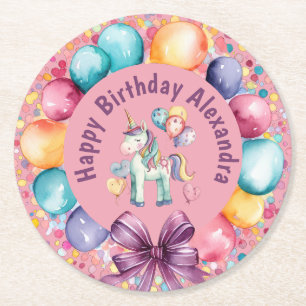 Dessous-de-verre Rond En Papier Aquarelle couleur mignonne Unicorn Anniversaire
