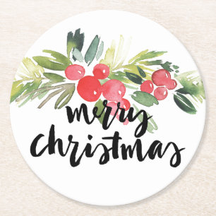 Dessous-de-verre Rond En Papier Aquarelle de Noël   - houx de Joyeux Noël