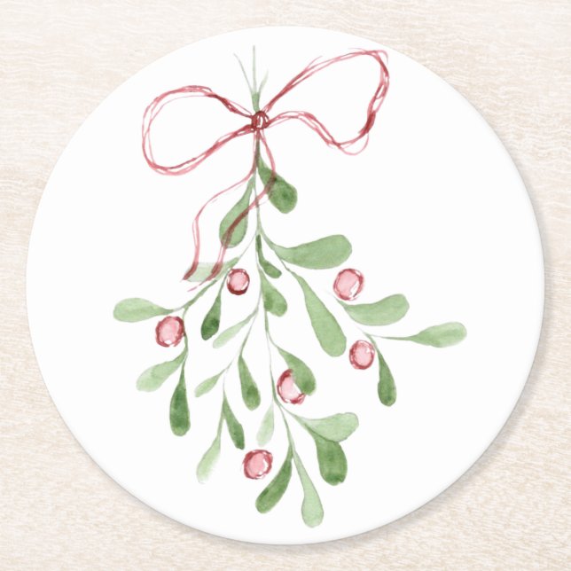 Dessous-de-verre Rond En Papier Aquarelle de Noël Mistletoe (Devant)