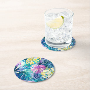 Dessous-de-verre Rond En Papier Aquarelle d'or Paradis Feuille tropical