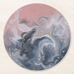 Dessous-de-verre Rond En Papier Aquarelle en marbre rose gris-noir