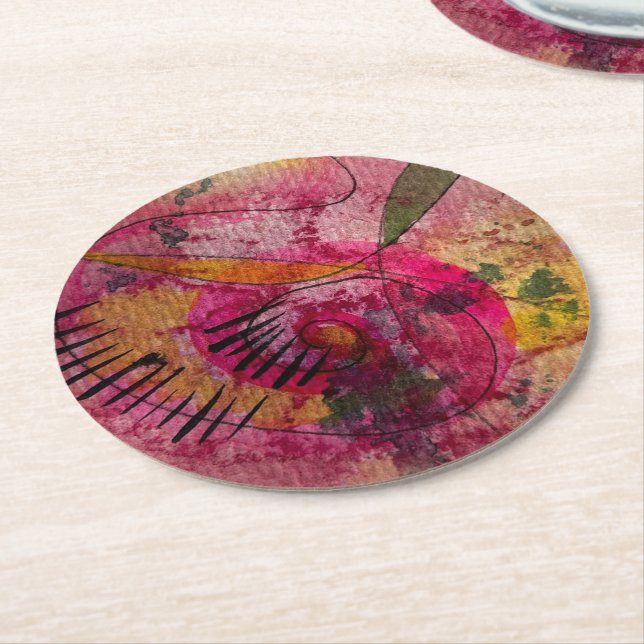 Dessous-de-verre Rond En Papier Aquarelle Et Encre Belle Peinture Abstraite (Incliné)