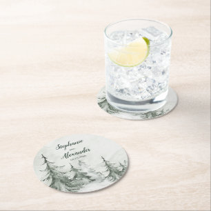 Dessous-de-verre Rond En Papier Aquarelle Fir Trees Mariage d'hiver