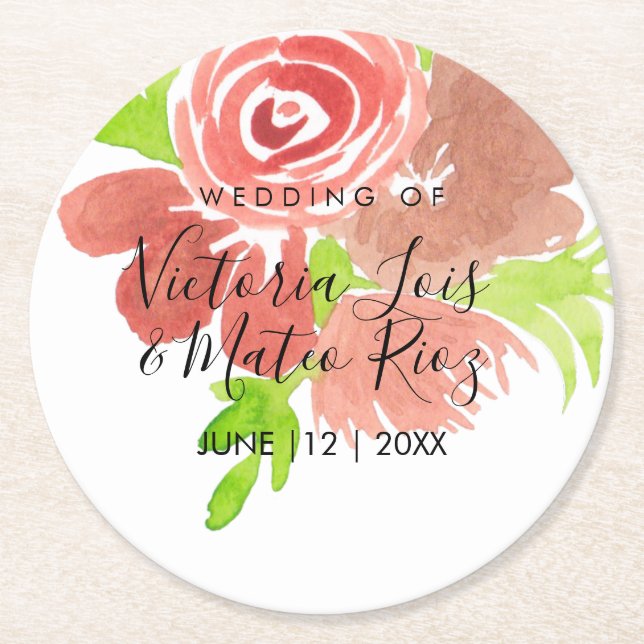 Dessous-de-verre Rond En Papier Aquarelle Floral rose Beige Blush Mariage (Devant)