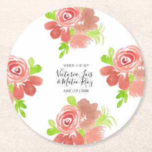 Dessous-de-verre Rond En Papier Aquarelle Floral Rose Beige Rosé Feuille Mariage