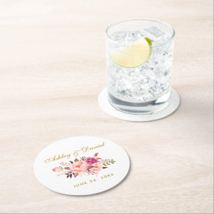 Dessous-de-verre Rond En Papier Aquarelle Floral Rose Blush Mariage or