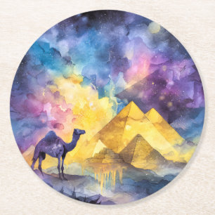 Dessous-de-verre Rond En Papier Aquarelle Galaxie Désertique Chameau Pyramide Voya