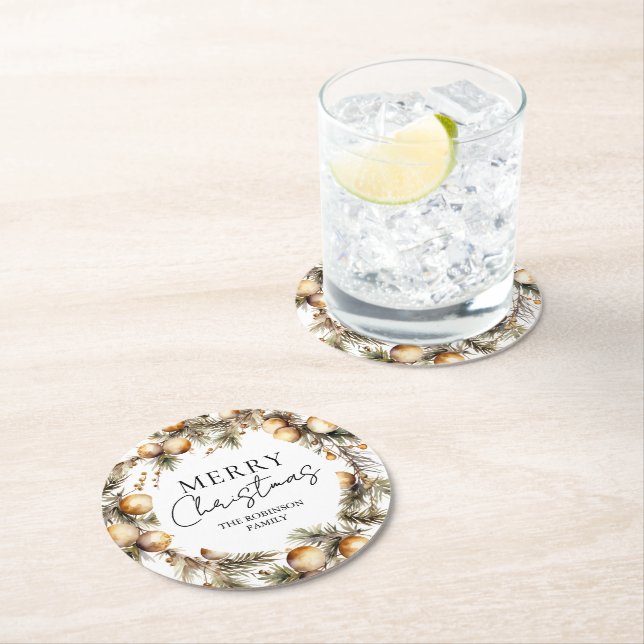 Dessous-de-verre Rond En Papier Aquarelle Gold Foliing Noël (En situation)