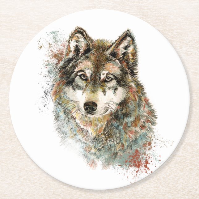 Dessous-de-verre Rond En Papier Aquarelle Gris Loup Faune Animal Nature Art (Devant)
