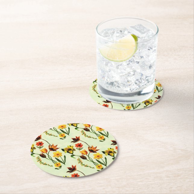 Dessous-de-verre Rond En Papier Aquarelle jaune prés printemps Fleurs sauvages (En situation)