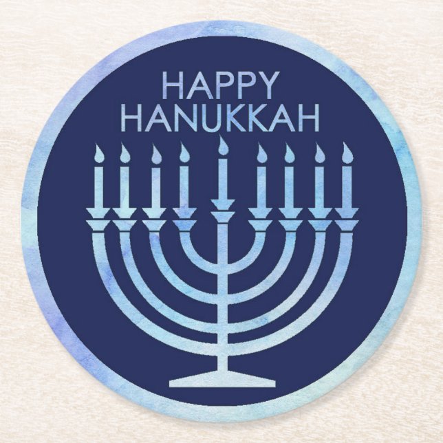 Dessous-de-verre Rond En Papier Aquarelle menorah Hanoukka (Devant)