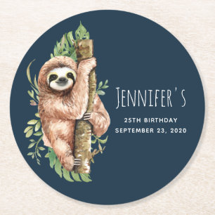 Dessous-de-verre Rond En Papier Aquarelle mignonne Sloth & Feuilles tropicaux Anni