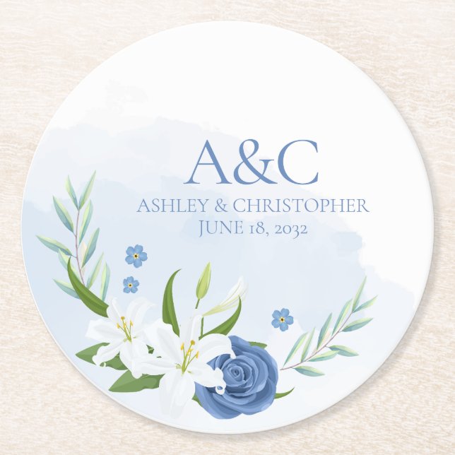 Dessous-de-verre Rond En Papier Aquarelle moderne bleu Mariage Floral (Devant)