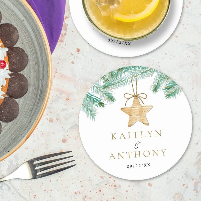 Dessous-de-verre Rond En Papier Aquarelle Pine Boughs Noël Mariage d'hiver (Créateur téléchargé)