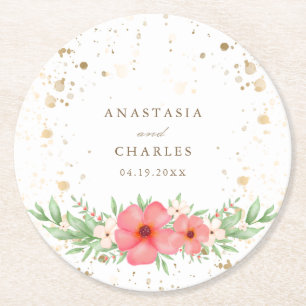 Dessous-de-verre Rond En Papier Aquarelle Pink Ivory Greenery Spectres d'or Floral