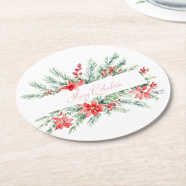 Dessous-de-verre Rond En Papier Aquarelle poinsettia et verdure Noël (Incliné)