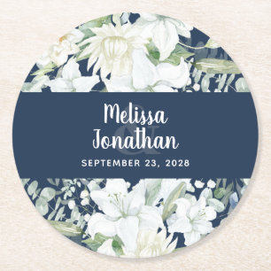Dessous-de-verre Rond En Papier Aquarelle romantique fleurs blanches mariage