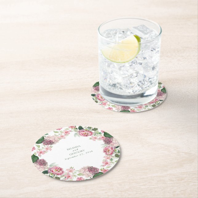 Dessous-de-verre Rond En Papier Aquarelle romantique Fleurs roses Mariage de jardi (En situation)