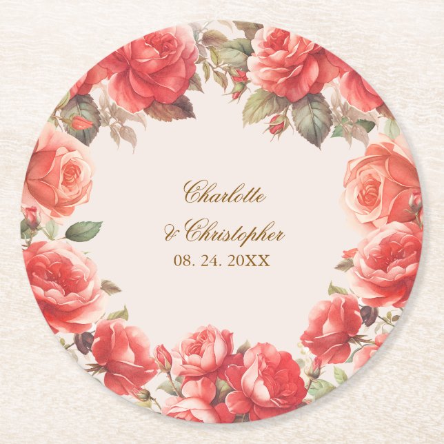 Dessous-de-verre Rond En Papier Aquarelle romantique Roses rouges Mariage floral (Devant)