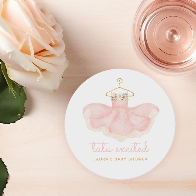 Dessous-de-verre Rond En Papier Aquarelle rose & or Tutu Baby shower excité (cute ballerina tutu illustration in watercolor on a baby shower paper coaster)