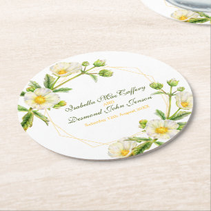 Dessous-de-verre Rond En Papier Aquarelle rose rocher blanc vert mariage botanique