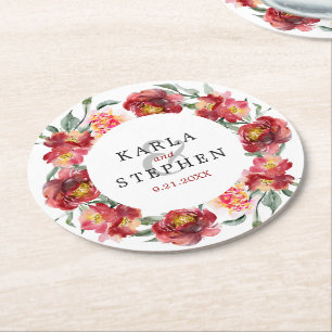 Dessous-de-verre Rond En Papier Aquarelle rouge profond Jardin Fleurs Wreath