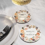 Dessous-de-verre Rond En Papier Aquarelle Rustique Automne Mariage<br><div class="desc">Dessous de verre en papier élégants et personnalisés avec une couronne de fleurs d'aquarelle, succulents et feuilles dans les tons rose pâle, pêche, orange, crème, brun et vert. Personnalisez les dessous de verre papier en ajoutant vos noms. Conçu pour coordonner avec notre collection de mariages de fleurs de automne rustique...</div>