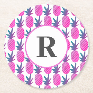 Dessous-de-verre Rond En Papier Aquarelle tropicale rose Monogramme d'ananas