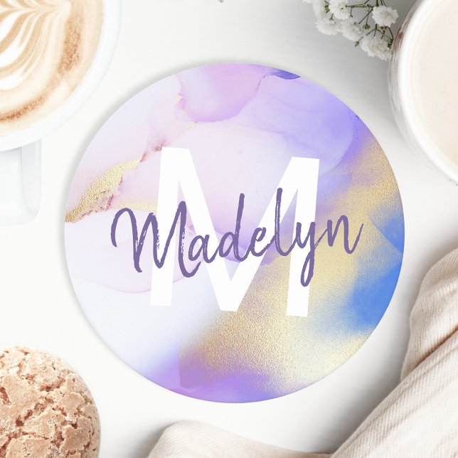 Dessous-de-verre Rond En Papier Aquarelle violet Abstrait Girly Luxury Monogramme (Créateur téléchargé)