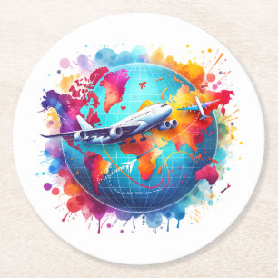 Dessous-de-verre Rond En Papier Aquarelle Voyageons dans le monde