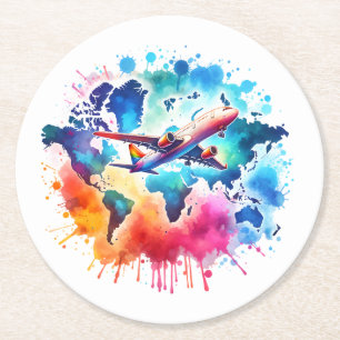 Dessous-de-verre Rond En Papier Aquarelle Voyageons dans le monde