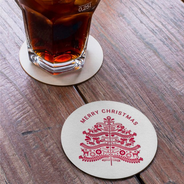 Dessous-de-verre Rond En Papier Arbre de Noël d'art populaire scandinave rouge (Créateur téléchargé)