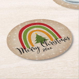 Dessous-de-verre Rond En Papier Arbre de Noël Rainbow moderne 20xx Ajouter année