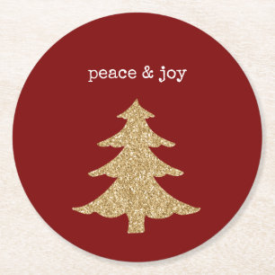 Dessous-de-verre Rond En Papier Arbre de Noël Rouge Paillettes Or Paix