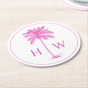 Dessous-de-verre Rond En Papier Arbre Palmier Rose et Blanc Monogramme