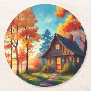 Dessous-de-verre Rond En Papier Arbres d'automne dans la forêt-33657
