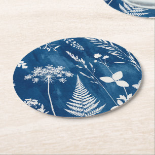 Dessous-de-verre Rond En Papier Art botanique de fougère au cyanotype bleu indigo