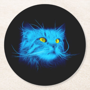 Dessous-de-verre Rond En Papier Art de chat néon bleu cool - Conception d'animal l