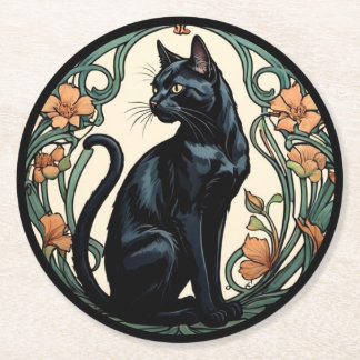 Dessous-de-verre Rond En Papier Art Nouveau Black Cat